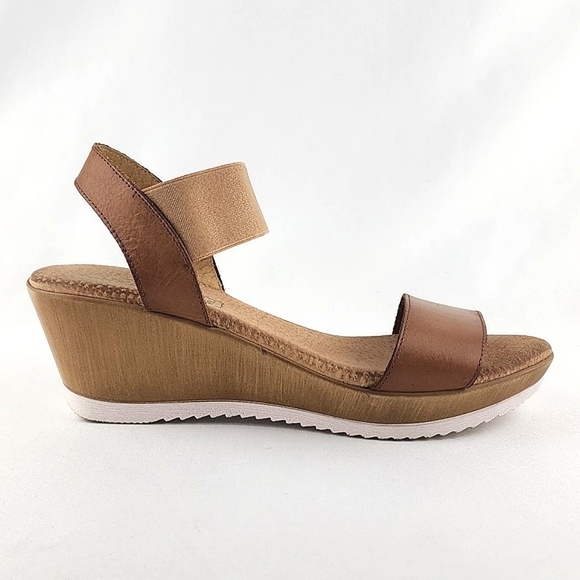 dsd Wedge Straps Sandals Tan Leather Lightweight Elasticized Ankle Size 38 - Picture 1 of 13